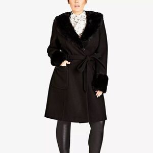 City Chic Womens Plus M 18 Black Fur Collared Tie Waist Winter Coat NWT T83